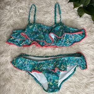 Kian D. Los Angeles| Girls flower ruffles+ pompoms 2 piece bikini